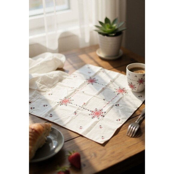Vintage Needlepoint Embroidered Tablecloth Table Cover Linen 32"x32" - Picture 1 of 8
